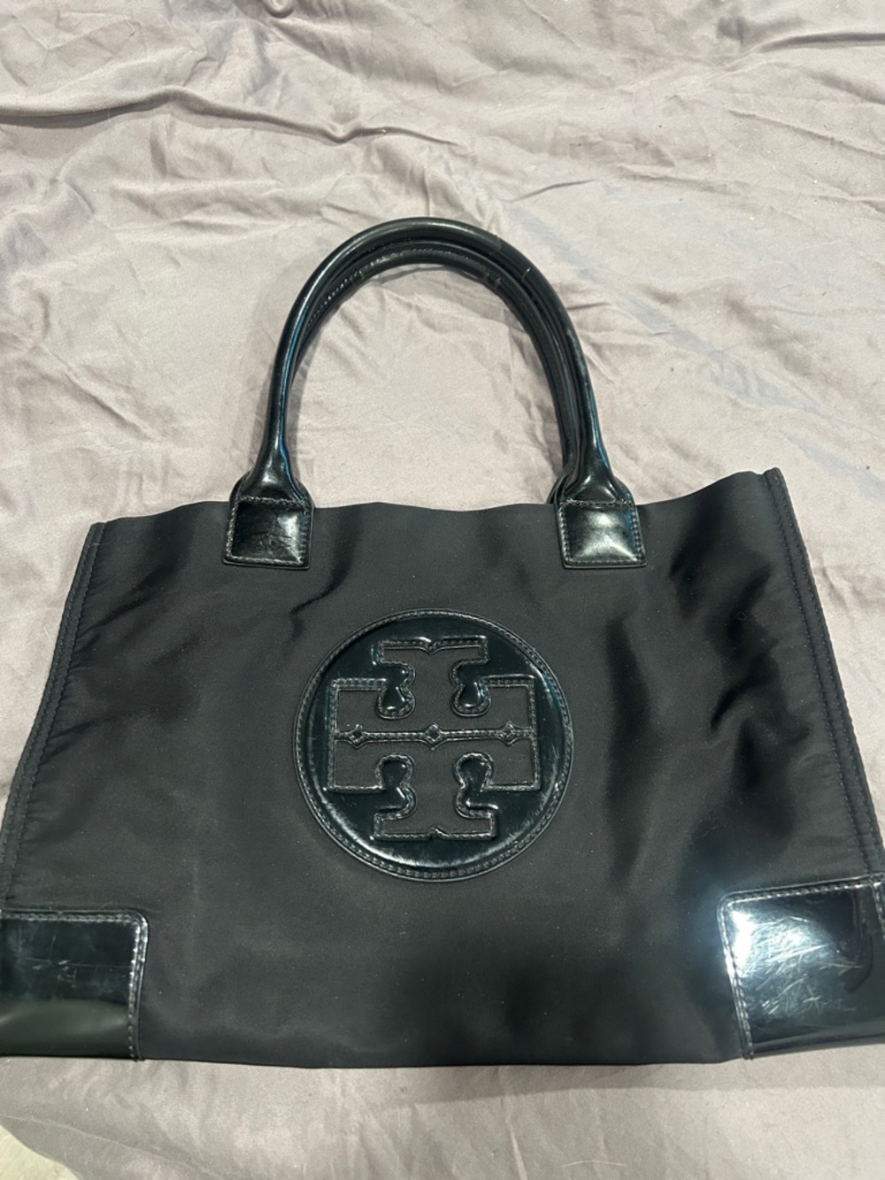 Tory Burch Black Nylon Tote with Patent Logo